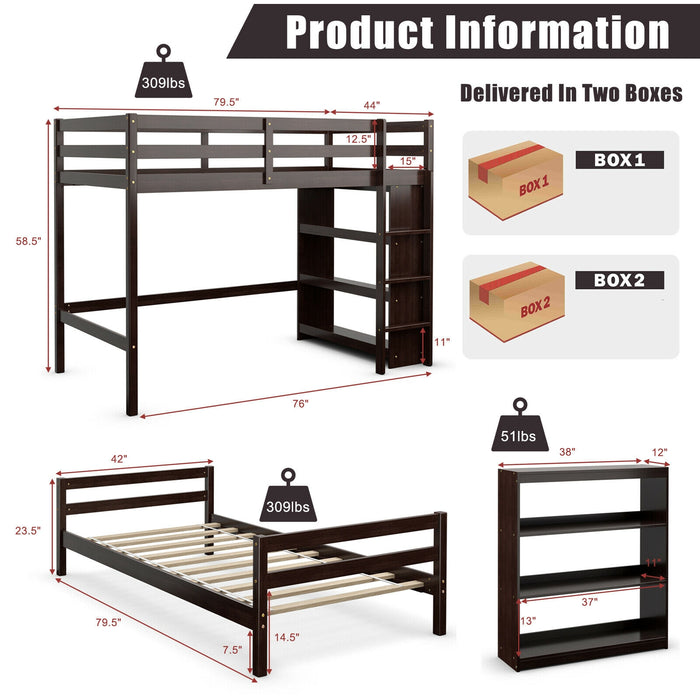 Twin Over Twin Loft Bunk Bed with Bookcase-Dark Brown