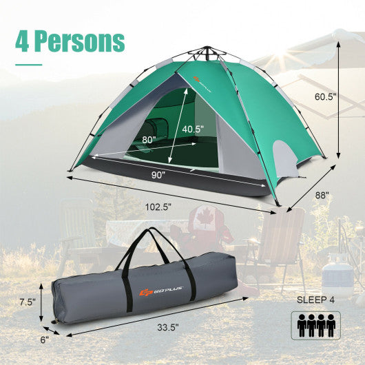 2-in-1 4 Person Instant Pop-up Waterproof Camping Tent-Green