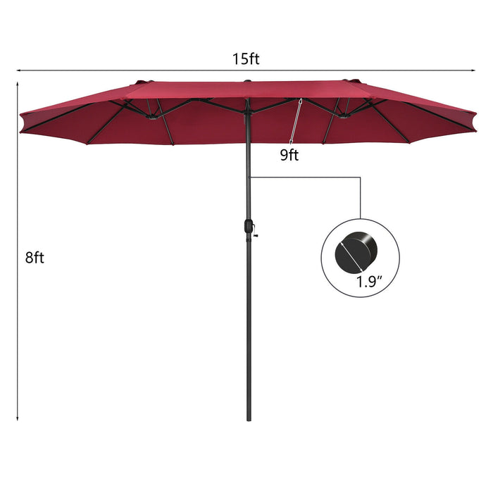 15 Feet Patio Double-Sided Umbrella with Hand-Crank System-Dark Red