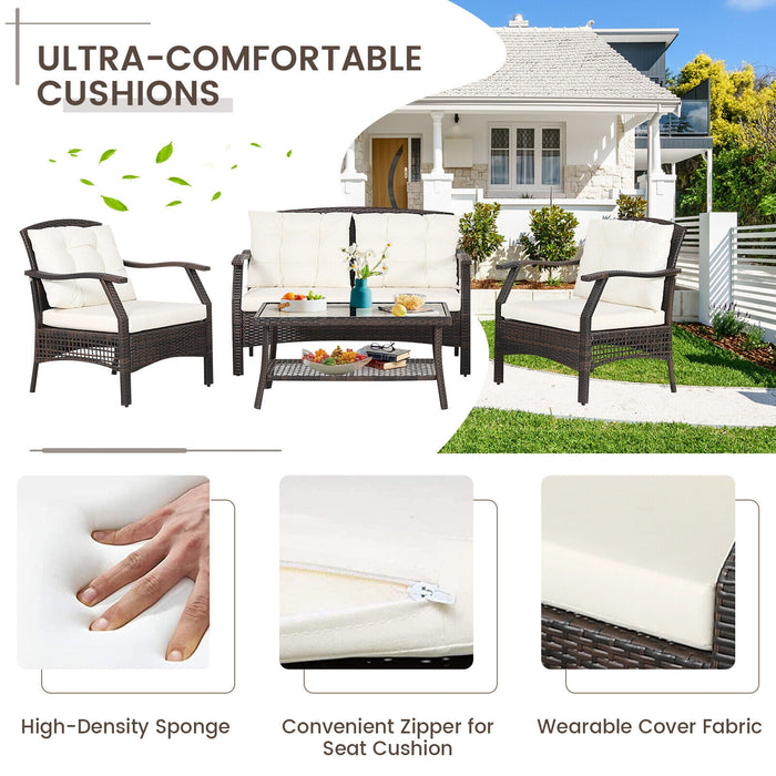 4 Pieces Outdoor Rattan Conversation Set with Protective Cover