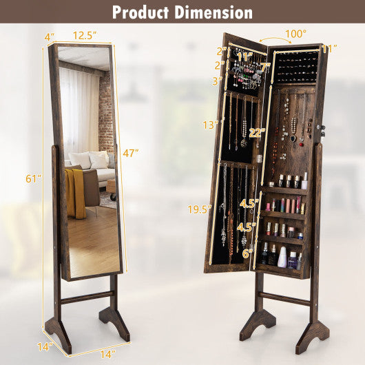 Free-Standing Jewelry Cabinet with Full-Length Mirror and Lockable Door-Brown