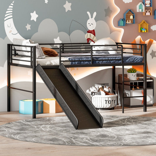 Twin Metal Loft Bed with Slide Safety Guardrails and Built-in Ladder-Black