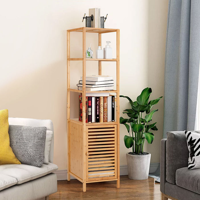 4 Tiers Slim Bamboo Floor Storage Cabinet with Shutter Door and Anti-Toppling Device-Natural