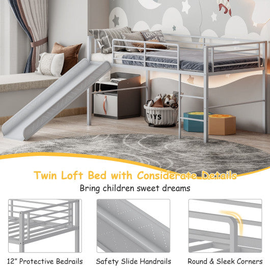 Twin Metal Loft Bed with Slide Safety Guardrails and Built-in Ladder-Silver