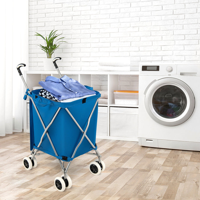 Folding Shopping Utility Cart with Water-Resistant Removable Canvas Bag-Blue