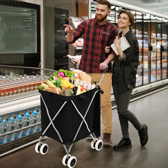 Folding Shopping Utility Cart with Water-Resistant Removable Canvas Bag-Black