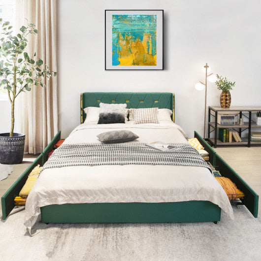 Full/Queen Size Upholstered Bed Frame with 4 Drawers-Green-Queen Size