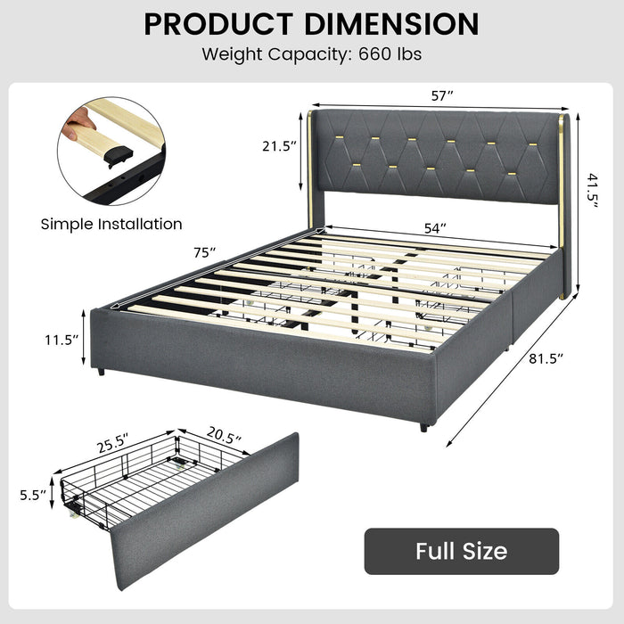 Full/Queen Size Upholstered Bed Frame with 4 Storage Drawers-Full Size