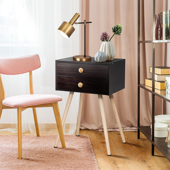 Mid Century Modern 2 Drawers Nightstand in Natural-Coffee