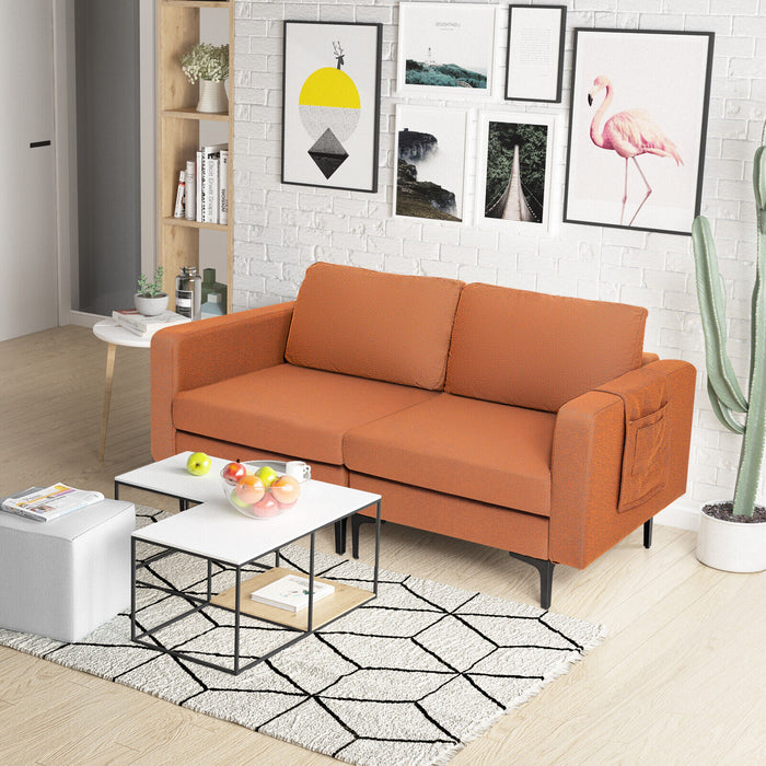 Modern Loveseat Sofa Couch with Side Storage Pocket and Sponged Padded Seat Cushions-Orange