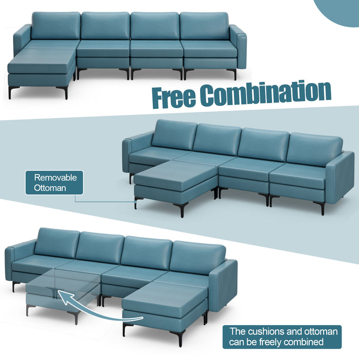 Modular L-shaped Sectional Sofa with Reversible Ottoman and 2 USB Ports-Blue