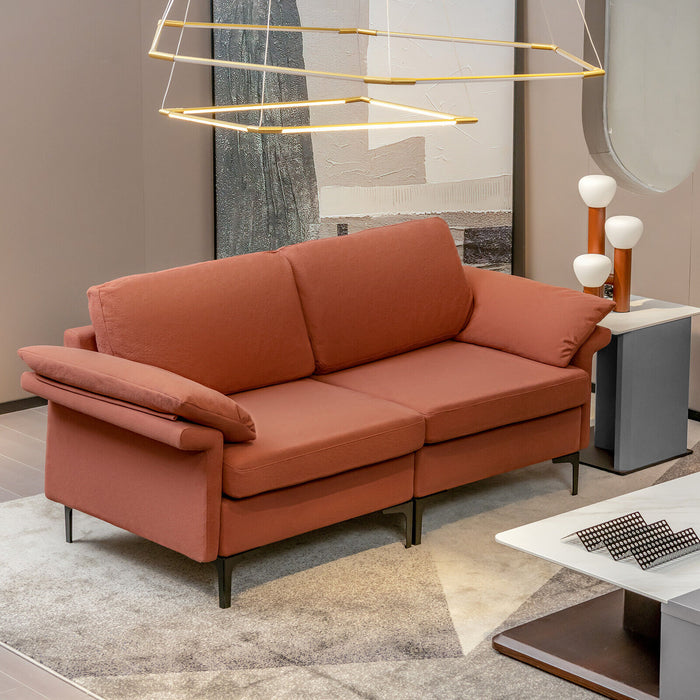 Modern Fabric Loveseat Sofa for with Metal Legs and Armrest Pillows-Rust Red