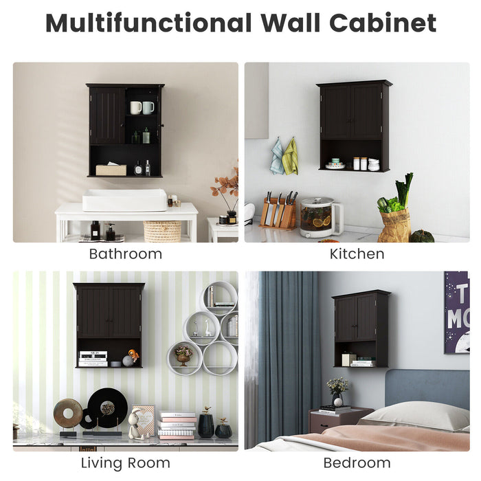 2-Door Wall Mount Bathroom Storage Cabinet with Open Shelf-Espresso