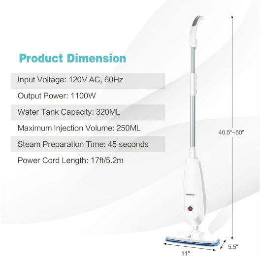 1100 W Steam Mop with Water Tank for Carpet-Gray