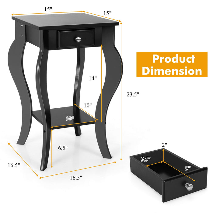 2-Tier End Table with Drawer and Shelf for Living Room Bedroom-Black