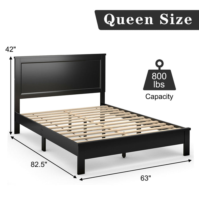 Queen Size Bed Frame Platform Slat High Headboard Bedroom with Rubber Wood Leg-Black