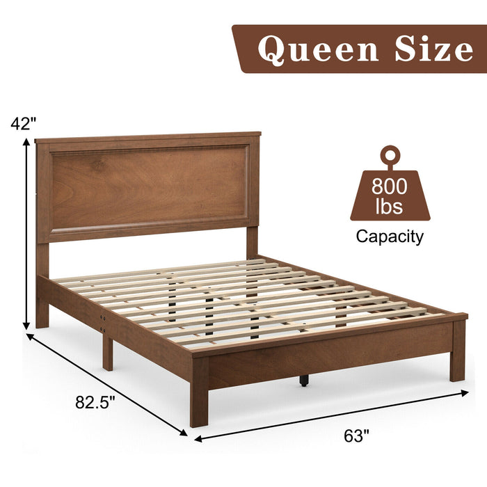 Queen Size Bed Frame Platform Slat High Headboard Bedroom with Rubber Wood Leg-Walnut