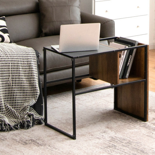 2-Tier C-Shaped Reversible End Table with Wooden Shelf for Living Room-Brown