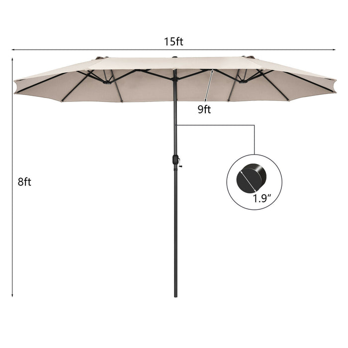 15 Feet Patio Double-Sided Umbrella with Hand-Crank System-Beige