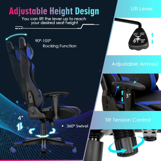 Gaming Chair Adjustable Swivel Computer Chair with Dynamic LED Lights-Blue