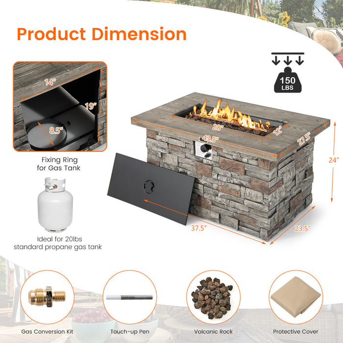 43.5 Inch Rectangle Faux Stone Propane Gas Fire Pit Table with Lava Rock and PVC Cover-Gray