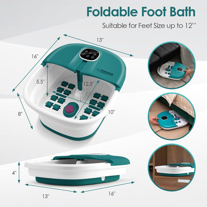 Folding Foot Spa Basin with Heat Bubble Roller Massage Temp and Time Set-Turquoise