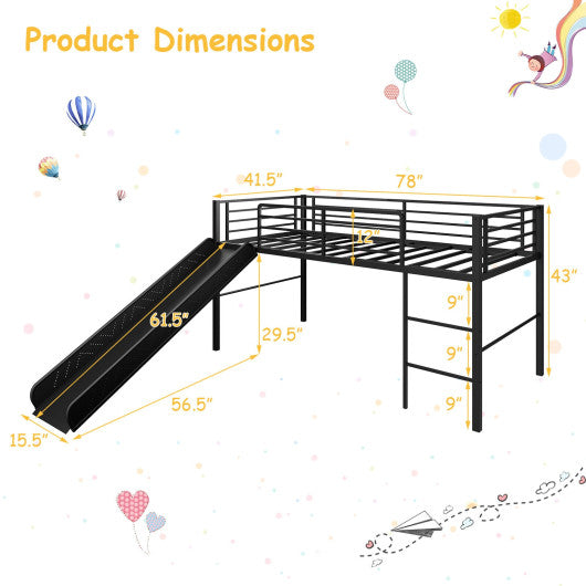 Twin Metal Loft Bed with Slide Safety Guardrails and Built-in Ladder-Black