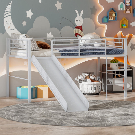 Twin Metal Loft Bed with Slide Safety Guardrails and Built-in Ladder-Silver