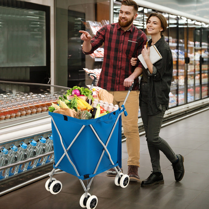 Folding Shopping Utility Cart with Water-Resistant Removable Canvas Bag-Blue