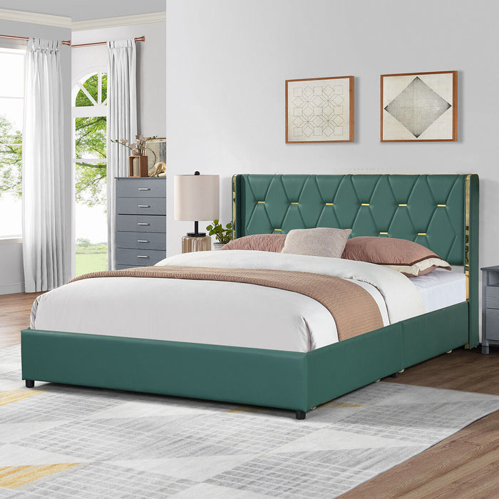 Full/Queen Size Upholstered Bed Frame with 4 Drawers-Green-Full Size