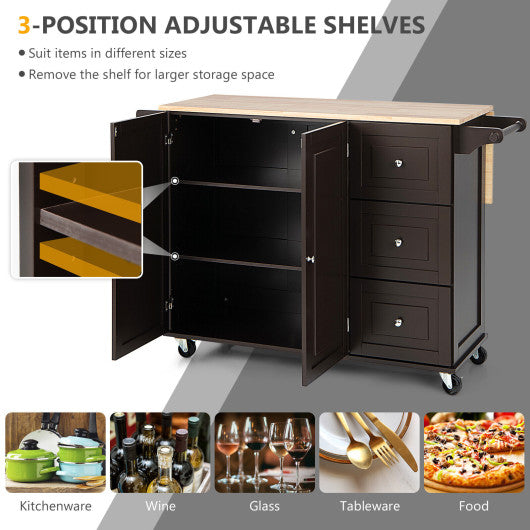 Kitchen Island Trolley Cart Wood with Drop-Leaf Tabletop and Storage Cabinet-Brown