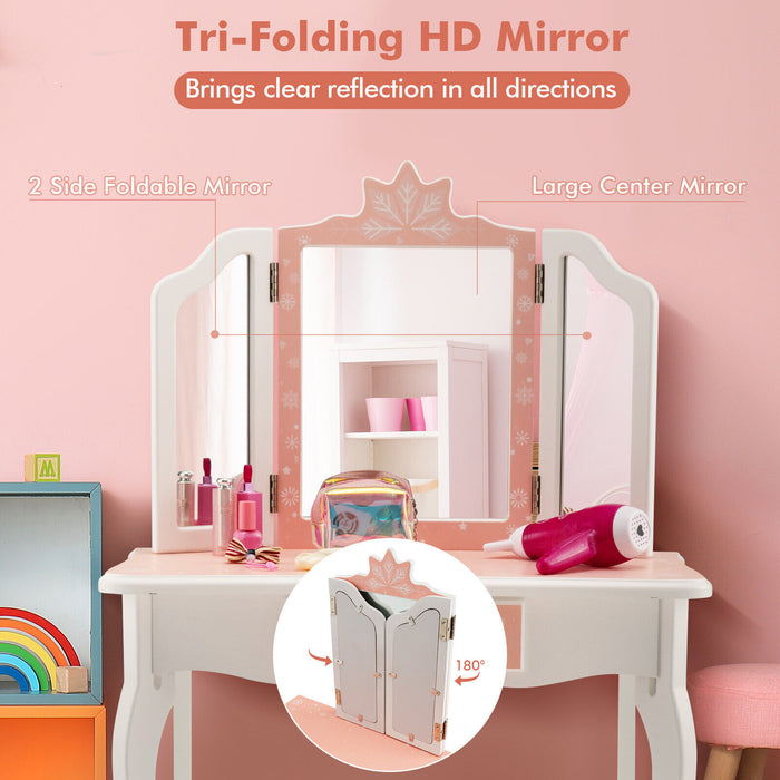 Princess Vanity Table and Chair Set with Tri-Folding Mirror and Snowflake Print-Pink