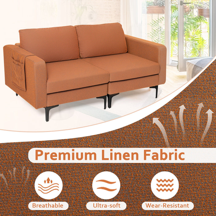 Modern Loveseat Sofa Couch with Side Storage Pocket and Sponged Padded Seat Cushions-Orange