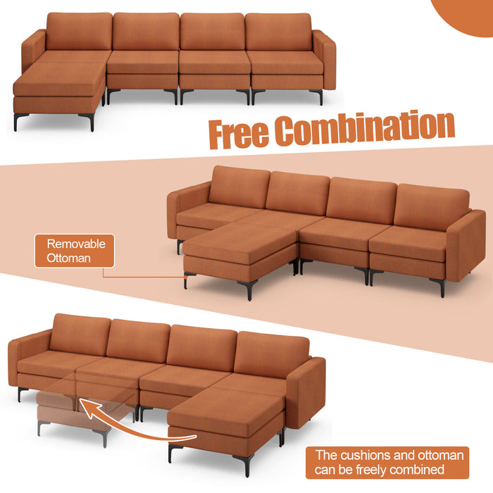 Modular L-shaped Sectional Sofa with Reversible Ottoman and 2 USB Ports-Orange