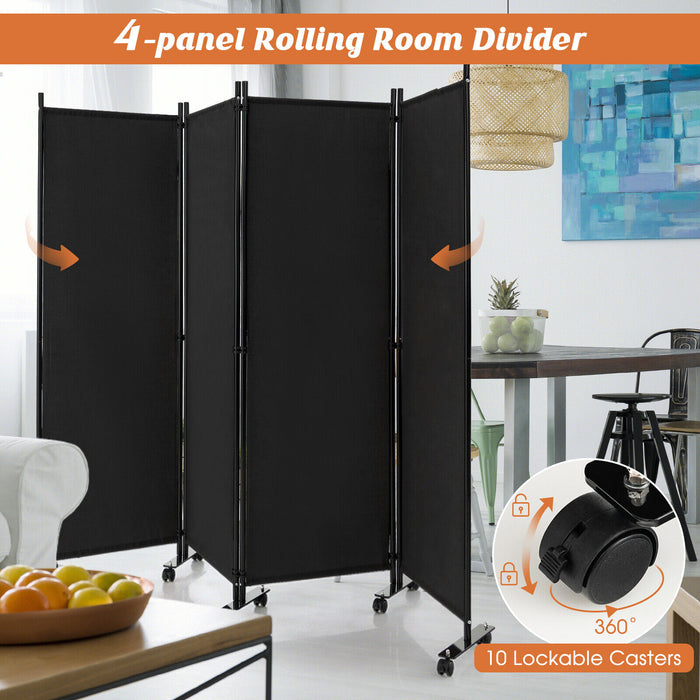 4-Panel Folding Room Divider 6 Feet Rolling Privacy Screen with Lockable Wheels-Black