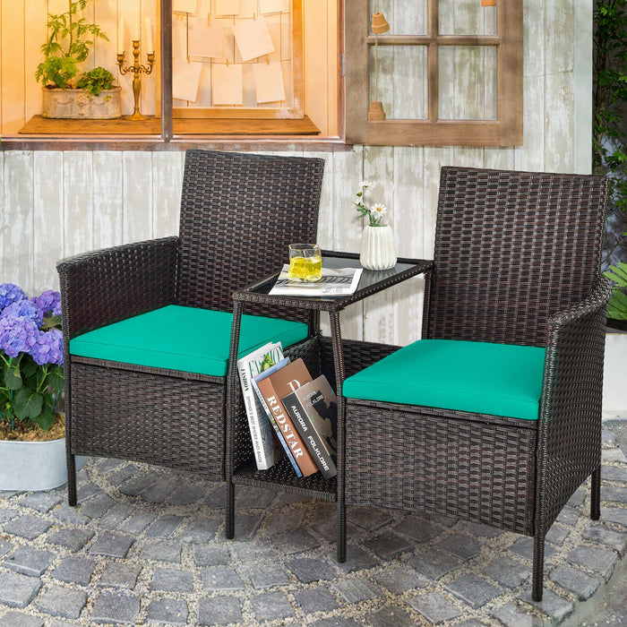 Patio Rattan Wicker Conversation Set Sofa Cushioned Loveseat Glass Table-Turquoise