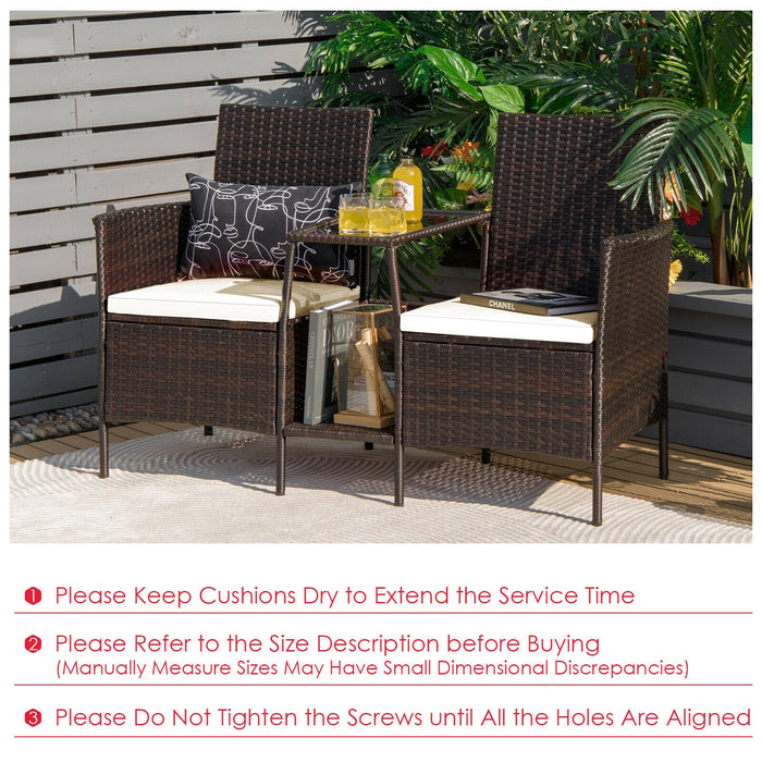 Patio Rattan Wicker Conversation Set Sofa Cushioned Loveseat Glass Table-Off White