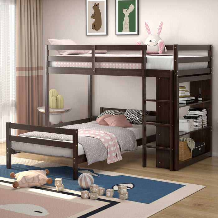 Twin Over Twin Loft Bunk Bed with Bookcase-Dark Brown