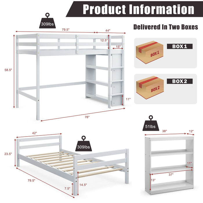 Twin Over Twin Loft Bunk Bed with Bookcase-White