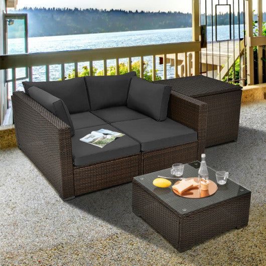 4 Pieces Patio Rattan Cushioned Furniture Set with Armrest and Storage Box-Brown