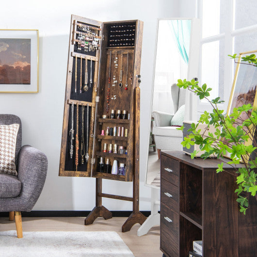 Free-Standing Jewelry Cabinet with Full-Length Mirror and Lockable Door-Brown