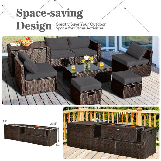 8 Pieces Patio Space-Saving Rattan Furniture Set with Storage Box and Waterproof Cover-Gray