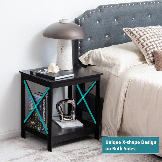 2-Tier Side Table with X-shape Design and 4 Solid Legs-Dark Brown