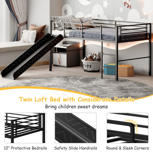 Twin Metal Loft Bed with Slide Safety Guardrails and Built-in Ladder-Black