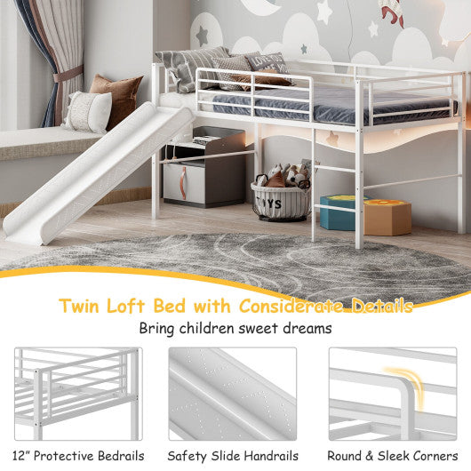 Twin Metal Loft Bed with Slide Safety Guardrails and Built-in Ladder-White