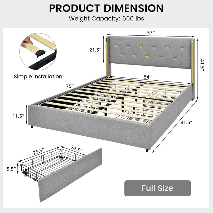 Full/Queen Size Upholstered Bed Frame with 4 Drawers-Silver-Full Size