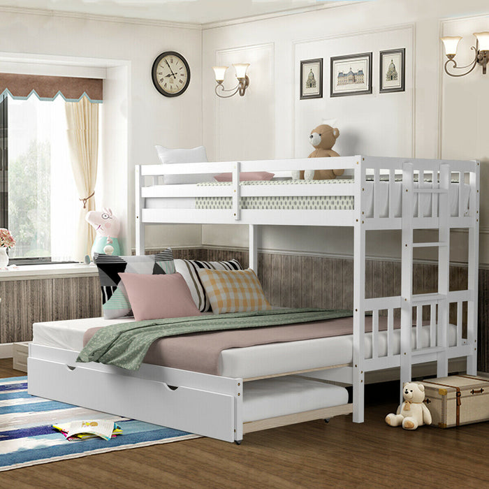 Twin Pull-Out Bunk Bed with Trundle Wooden Ladder-White