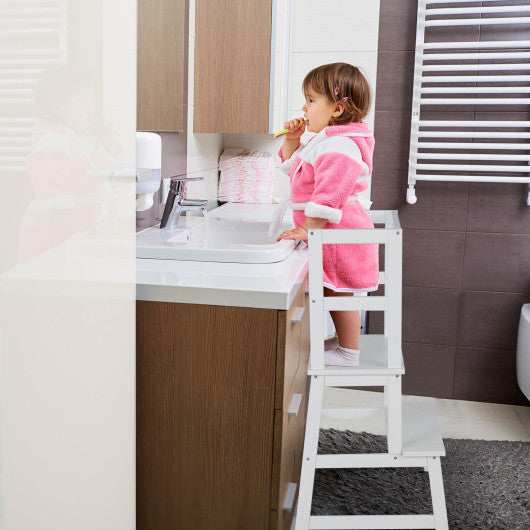 2-in-1 Multifunctional Toddler Step Stool with Safety Rail-White