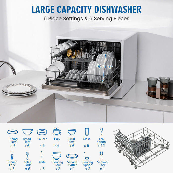 Compact Countertop Dishwasher with 6 Place Settings and 5 Washing Programs