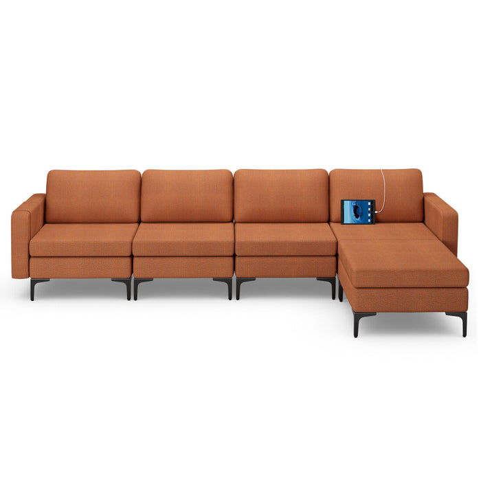 Modular L-shaped Sectional Sofa with Reversible Ottoman and 2 USB Ports-Orange